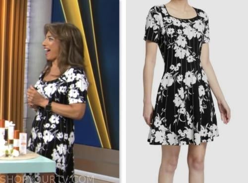 michelle miller, cbs mornings, black and white floral knit dress