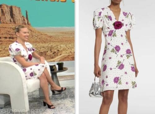 cbs mornings, Scarlett Johansson, purple and white floral dress