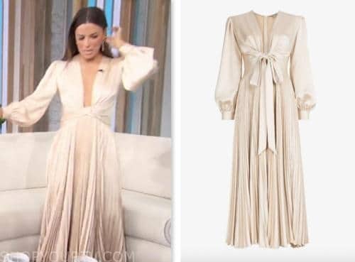 sherri, eva longoria, gold metallic pleated dress