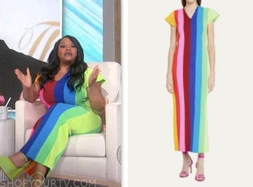 sherri shepherd, sherri, multicolor striped rainbow midi dress