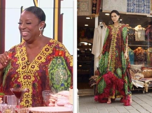 the view, melba wilson, red, green, and yellow kaftan dress