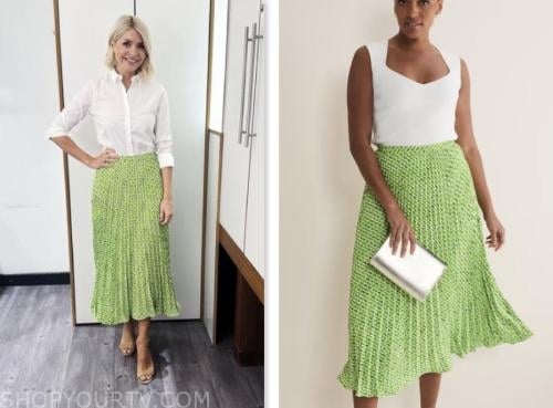 this morning, green printed pleated skirt, holly willoughby