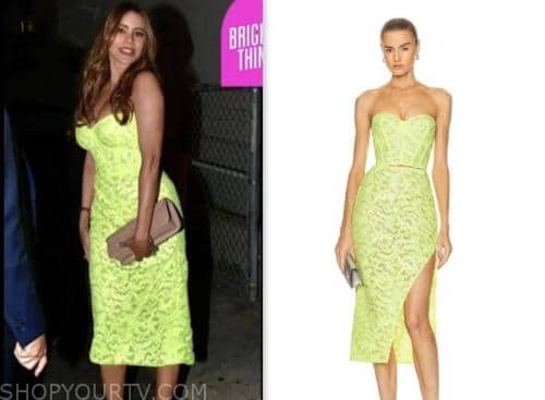 E! News: June 2023 Sofia Vergara's Lime Yellow Lace Bustier and Skirt ...