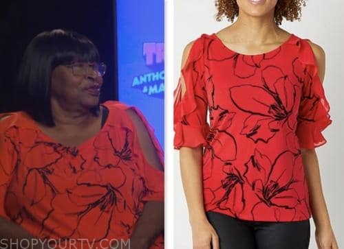 doris hancox bowman, E! news, red floral cold shoulder top