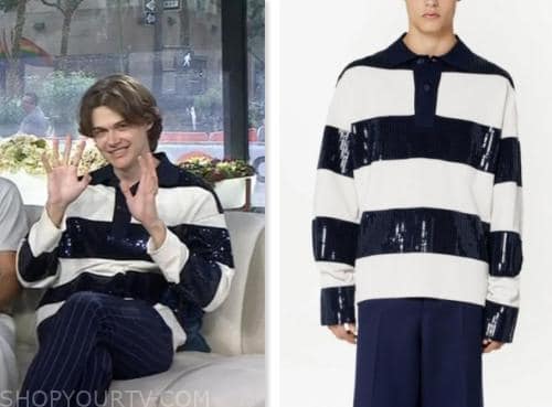 Christopher Briney, the today show, navy and white sequin stripe polo shirt