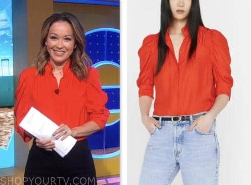 Good Morning America: June 2023 Eva Pilgrim's Red Ruched Sleeve Blouse ...