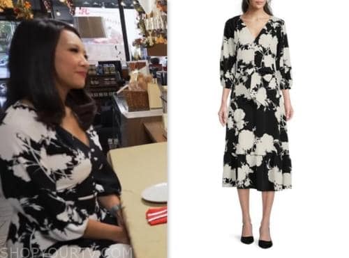nancy chen, cbs mornings, black and white floral midi dress
