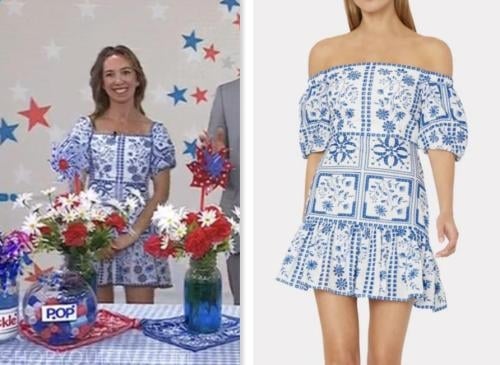 shannon doherty, the today show, blue and white tile print dress