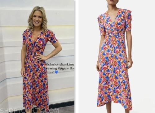 good morning britain, floral twist midi dress, charlotte hawkins