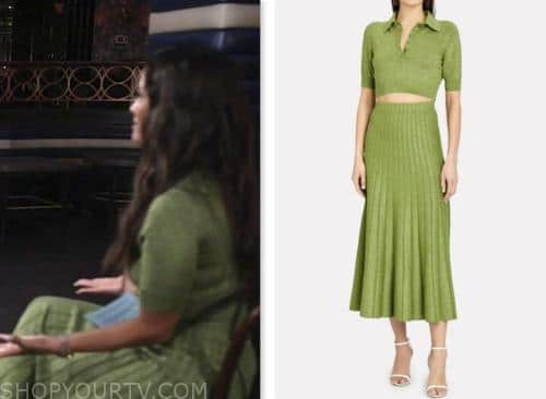 rocsi diaz, good morning america, green knit polo top and pleated skirt dress