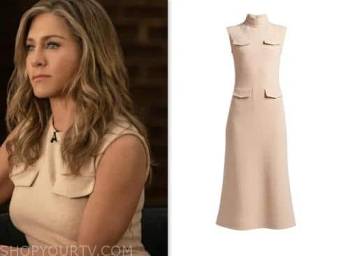 jennifer aniston, E! news, beige pocket midi dress