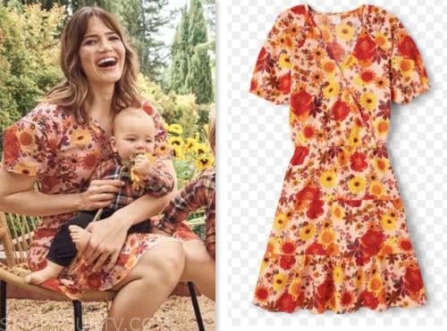 E! news, mandy moore, orange floral wrap dress