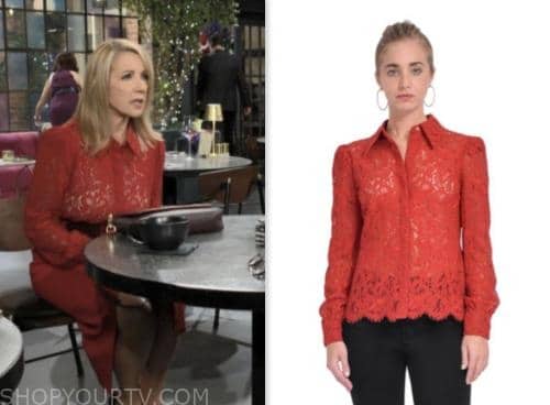 the young and the restless, nikki newman, melody thomas scott, red lace shirt