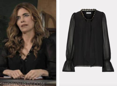 victoria newman, amelia heinle, the young and the restless, black chain trim tie neck blouse