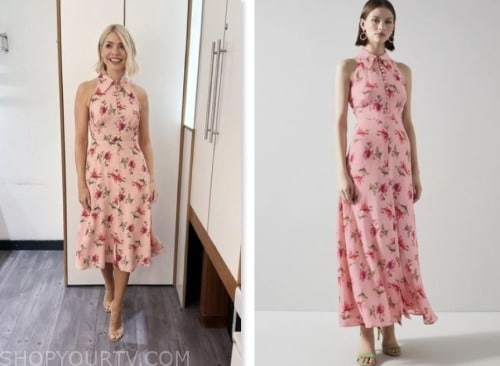 this morning, holly willoughby, pink floral shirt dress