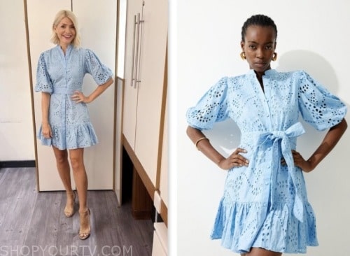 holly willoughby, this morning, blue broderie dress
