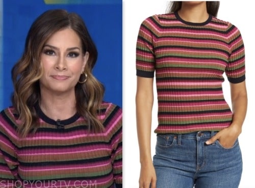 rebecca jarvis, good morning america, pink striped knit sweater