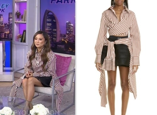 ashley park, the today show, hoda and jenna, brown striped shirt and skirt