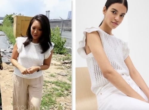 nancy chen, white crochet flutter top, cbs mornings