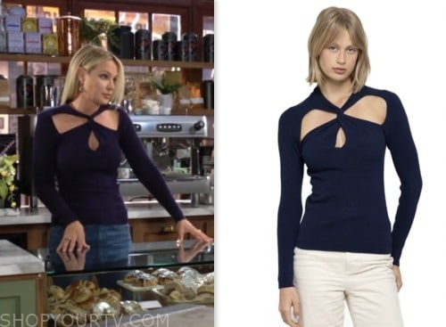 sharon newman, sharon case, the young and the restless, navy blue twist cutout sweater top