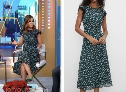 rebecca jarvis, good morning america, green printed flutter sleeve dress