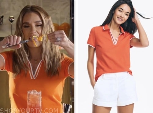 jessie james decker, access daily, orange contrast trim polo shirt