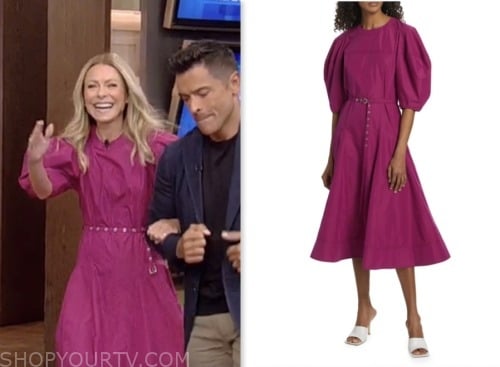 kelly ripa, pink belted puff sleeve midi dress, live with kelly and mark