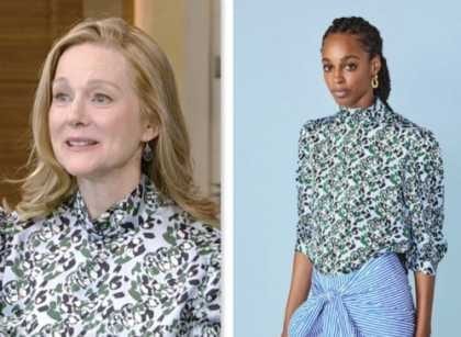 Laura Linney, live with kelly and mark, blue and green floral satin top