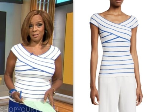 gayle king, cbs mornings, white and blue striped knit top