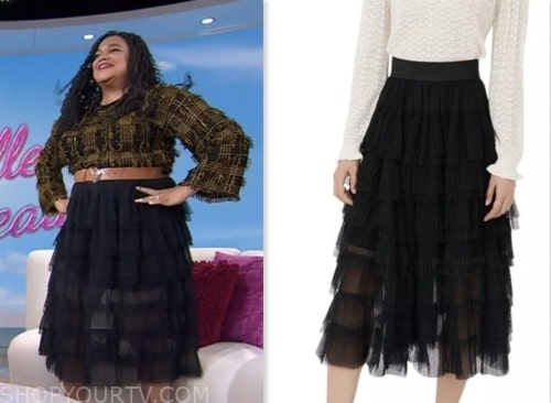 michelle buteau, the today show, hoda and jenna, black tulle tiered midi skirt