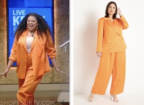 michelle buteau, live with kelly and mark, orange satin blazer and pant suit