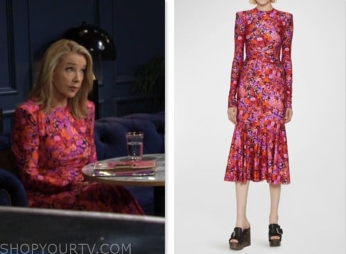 nikki newman, melody thomas scott, the young and the restless, pink floral long sleeve midi dress