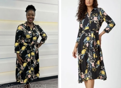 marverine cole, good morning britain, black floral shirt dress