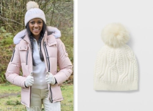 charity lawson, white cable knit pom beanie hat, the bachelorette