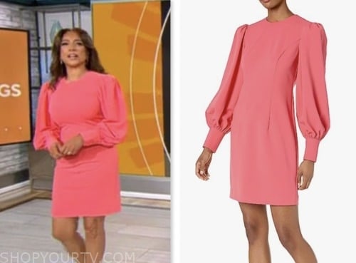 michelle miller, coral pink sheath dress with puff sleeves, cbs mornings