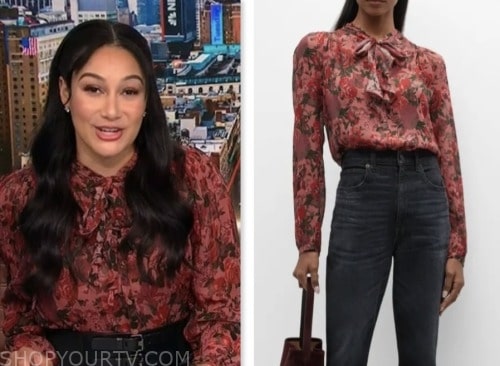 morgan radford, nbc news daily, red floral tie neck blouse