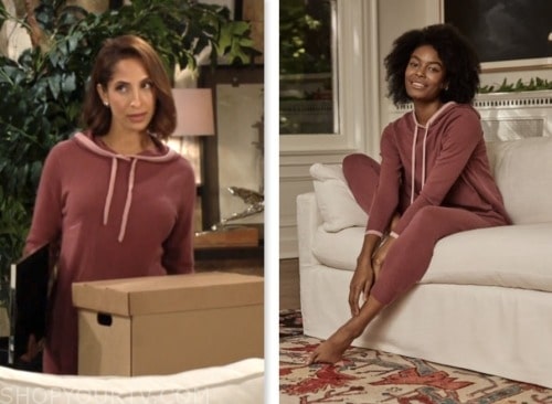 lily winters, christel khalil, the young and the restless, pink hoodie sweater and joggers