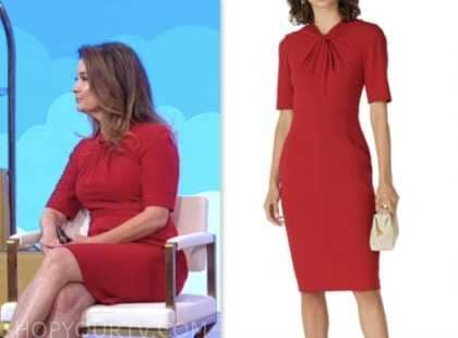 melanie fish, red twist neck sheath dress, good morning america