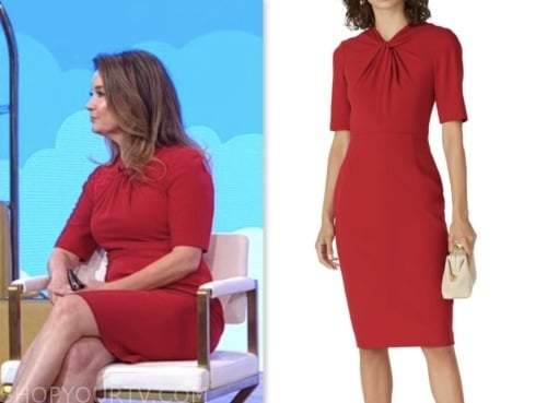 melanie fish, red twist neck sheath dress, good morning america