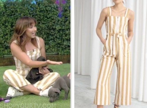 Victoria Lily Shaffer, live with kelly and mark, beige and white striped jumpsuit