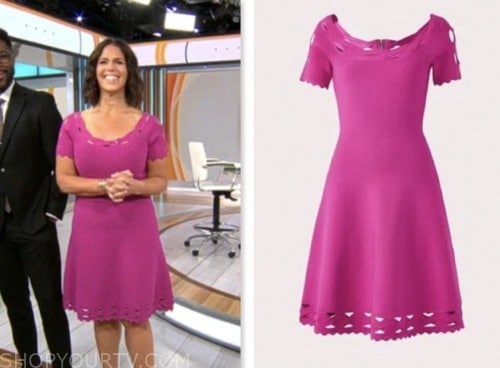 cbs mornings, pink scoop neck cutout trim flare dress, dana jacobson
