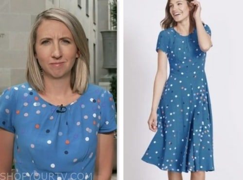 julia ainsley, nbc news daily, blue multicolor dot print dress