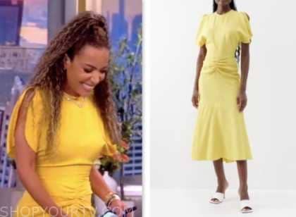 The View: July 2023 Sunny Hostin's Yellow Ruched Front Midi Dress ...