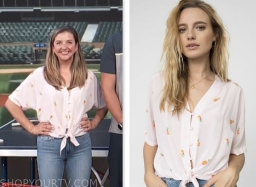 ellen kershaw, pink fruit print tie waist top, access daily