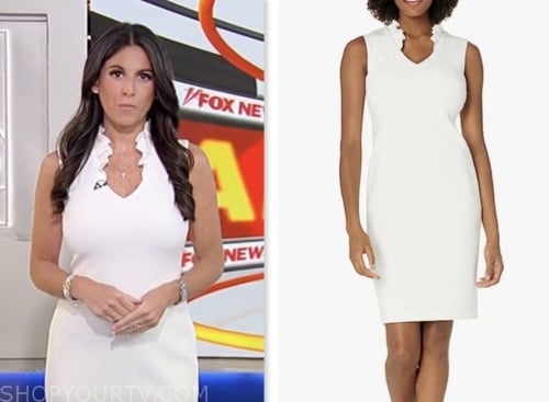 brooke singman, fox and friends, white ruffle stand collar sheath dress, fox news fashion