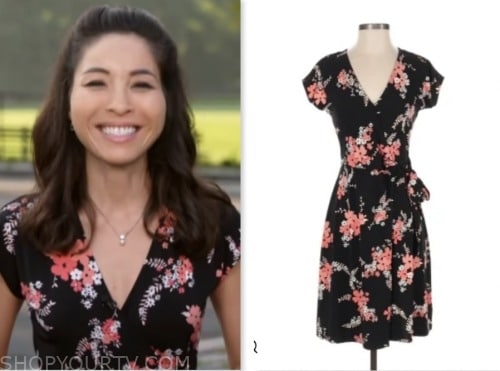 Roxana Saberi, cbs mornings, black and peach floral wrap dress