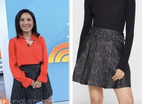 vicky nguyen, the today show, black brocade belted mini skirt