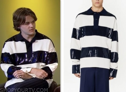 Christopher Briney, blue and white sequin stripe polo, e! news
