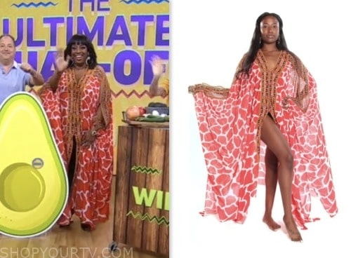 melba wilson, good morning america, red embellished giraffe printed kaftan caftan dress