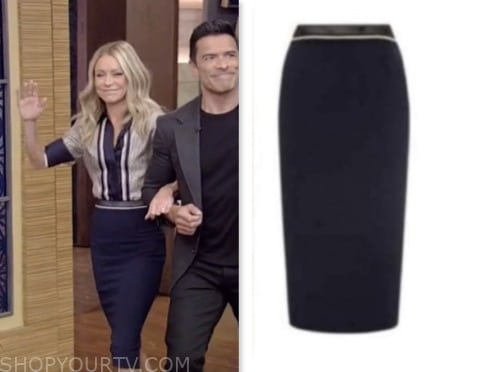 live with kelly and mark, kelly ripa, navy blue contrast waist pencil skirt